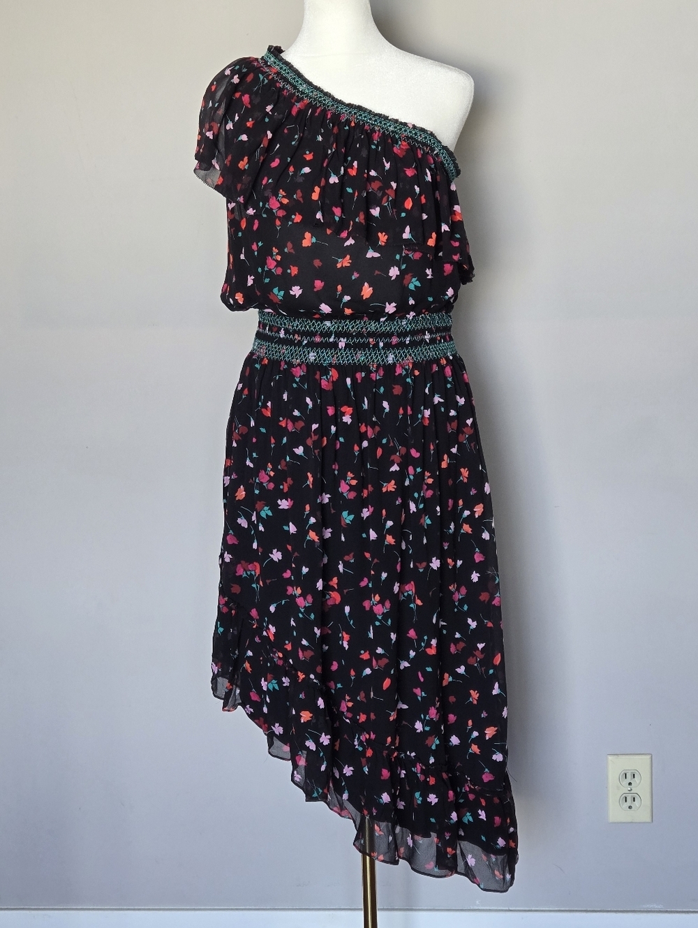 Joie Silk One-Shoulder Black Floral Ruffle Midi Dress Fairy Boho Asymmetrical